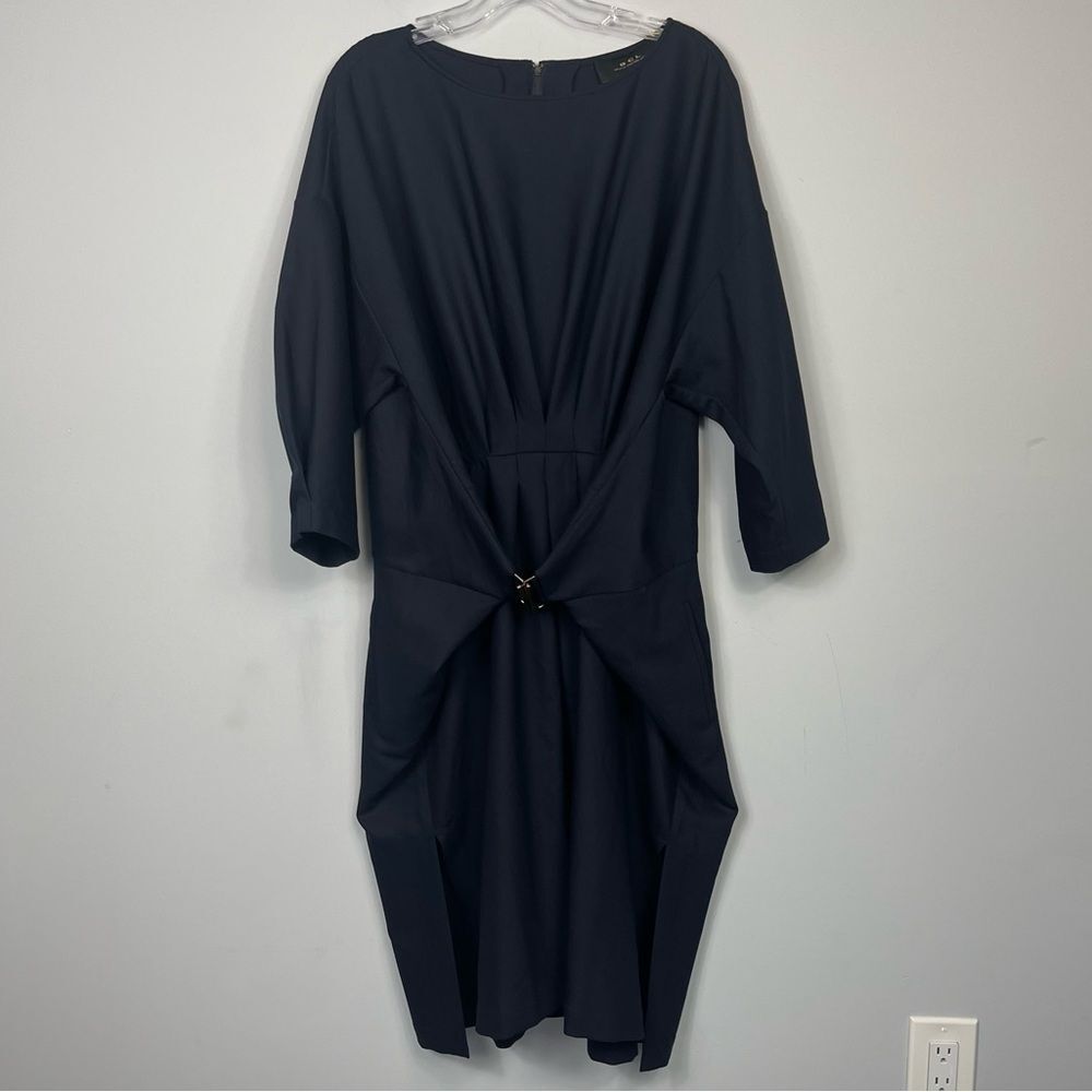 BGL Belong Genteel Navy Wrap Dress Boatneck Midi Knee Length Belted Work Dress S - Picture 13 of 16